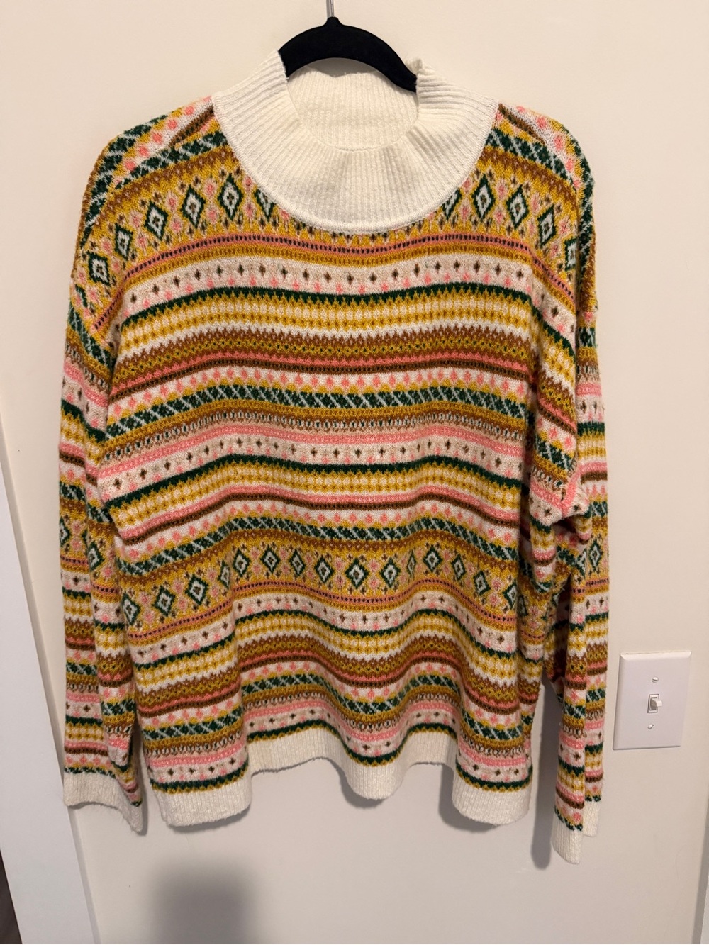 Talbots Multicolor Fair Isle Crewneck Sweater - White, Pink, Mustard, Green